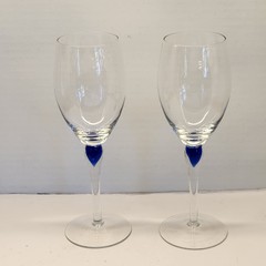 Art Glass Cobalt Drop Stem Wine Glasses Set of 2