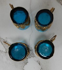 Antique Miniature Glasses Shot Blue Glass in Ornate Brass Filigree Holders