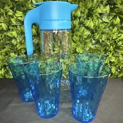 Tupperware Blue Pitcher 1.7L with Handle Twist Lid & 4 Tumbler Glasses 475ml Set