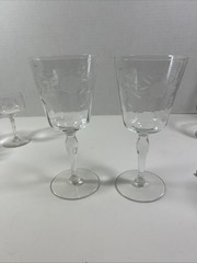 Lot 2 Water Goblet Clear Floral Design Unknown Maker 7 1/2 Inches