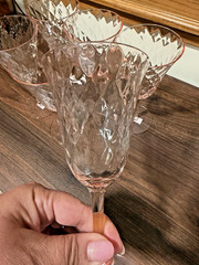Vintage Set of 6 Pink Glass Wine Goblets Thin Delicate Diamond Optic 7”