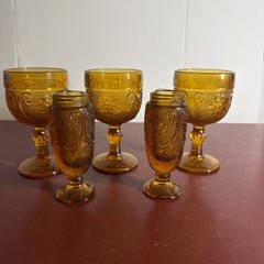 Indiana Glass Collectible Goblets Amber Set Of Three With Salt And Pepper Shaker