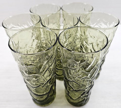 7) Libbey Aztec Olive Green 12 Oz Tumblers Lot Vintage Textured Crinkled MCM Lot