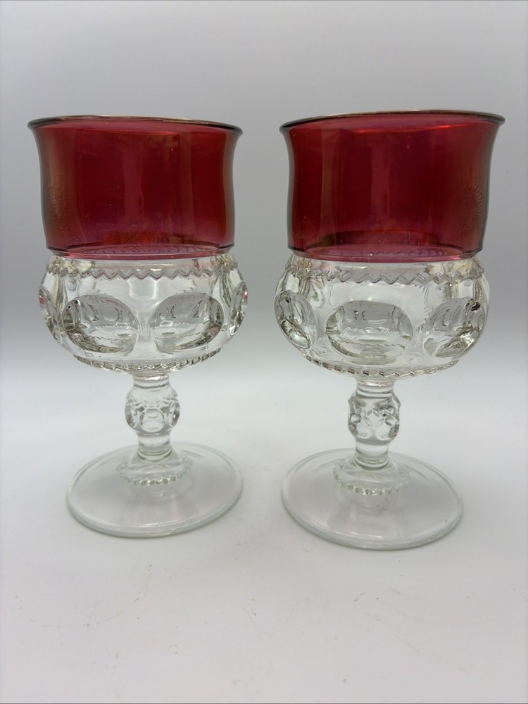 Kings Crown Set 2 Tiffin Ruby Red Flash Thumbprint Goblets 5.75”Tall 3” Round