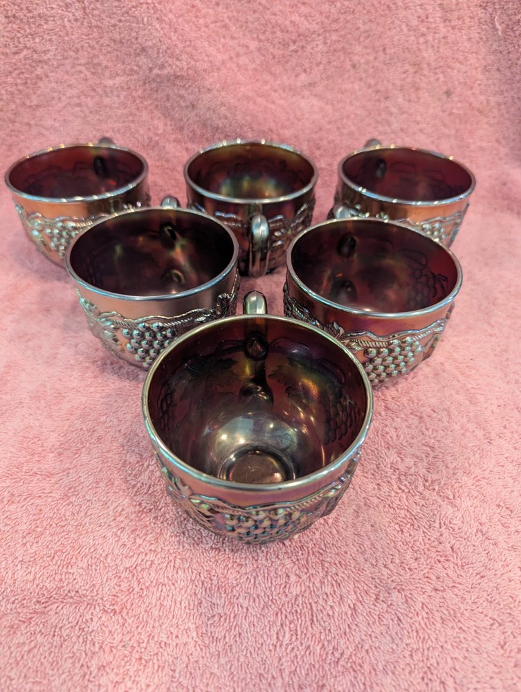 Set/6 Signed Northwood Amethyst Carnival Art Glass Punch Cups – Grape & Cable