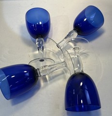 4 Ct Wine Glass Cobalt Blue Clear Stem Hand Made Water Goblet 7.5 Inch, 12 oz