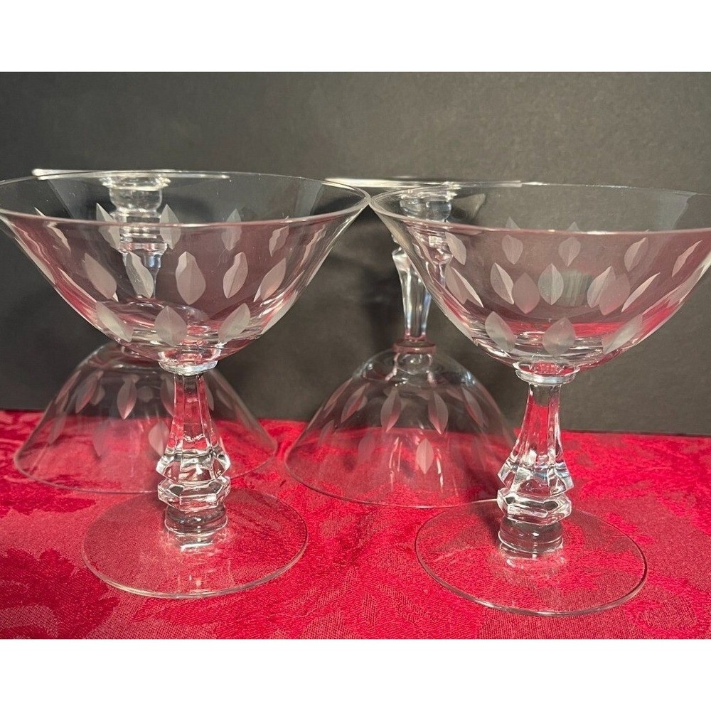 Vintage Tiffin-Franciscan Sorbet Sherbet Glasses 4 Etched Vertical Leaf Cuts