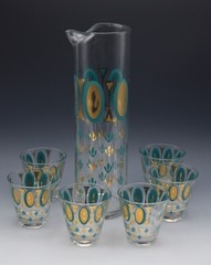 FRED PRESS MID CENTURY 22K GOLD TURQUOISE COCKTAIL CADDY SET ORIG HOLDER 8 PCS