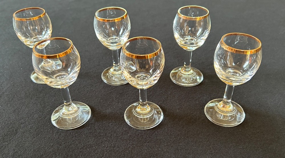 6 NEW vintage Mid Century crystal gold rim cordial liqueur shot glasses Poland
