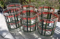 Georges Briard Rocks Glass Double Old Fashioned Red Green Gold Plaid 12oz~6 Pc