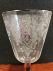Set of 5 Vintage Etched Wine Goblets Floral Crest Clear Glass