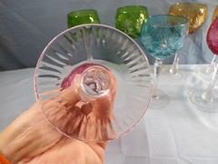 8 Bohemian Cut-to-Clear Crystal Wine Hocks Goblets Green Blue Cranberry Amber