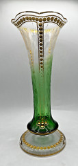 Moser/Harrach Bohemian-Green To Clear-Tulip Intaglio Cut Glass Vase-13″