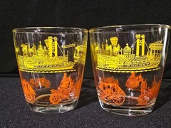 Vintage Hazel Atlas Transportation Theme Sour Cream Glasses 1/2 Pint – Set of 2