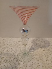 1930’s BIMINI BLOWN SWIRL ART GLASS GOBLET WITH BUBBLE ANIMAL HORSE STEM 7″H