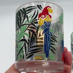 3 VTG CERA MCM PLASTIC lowball rocks glasses Tropical PARROTS IN TREES barware
