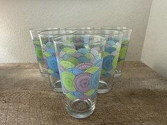 Libbey Drinking Glasses Blue Green Purple Medallions Circles Glass Tumblers (6)