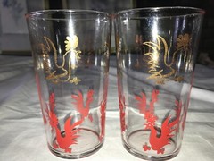 2 Vintage FEDERAL Glass RUNNING ROOSTER Chicken RED/GOLD Decal 12oz TUMBLER 4¾»T