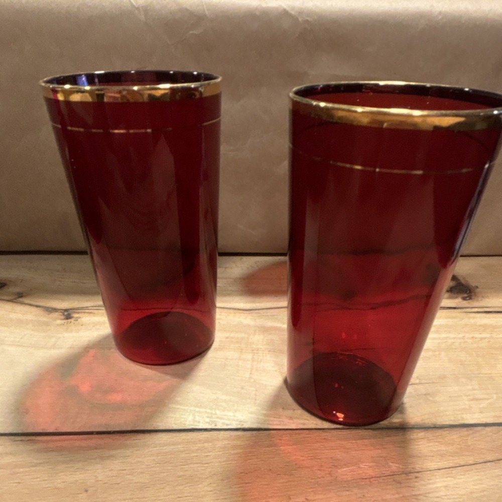 Ruby Glass Tumbler Set of 2 with Gold Rim, Red, 6″ Tall, Glossy Finish