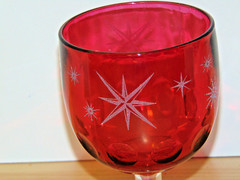 Vintage Bartlett Collins 6″ Atomic Starburst Cranberry Thumbprint Goblet