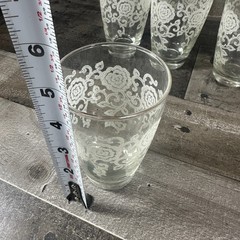 Set of 8 MCM LACE Highball Glasses White Stenciled Floral Lace Gold Trim