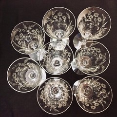 Set 8 Vintage Cut Crystal Wine Goblets 7-1/2” Optic Gray Cut Crystal