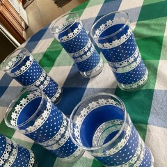 6 Vintage Anchor Hocking Tall Drinking Glasses Blue & White Polka Dots & Lace