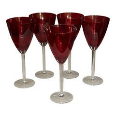 Vibrant Red Ruby 9 1/4 Wine Goblets With Clear Stems And Bases Set of 5