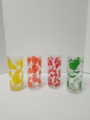 Set Of 4 Red Shed Fruit Juice Glasses 5′ Apple Cherry Lemon Orange
