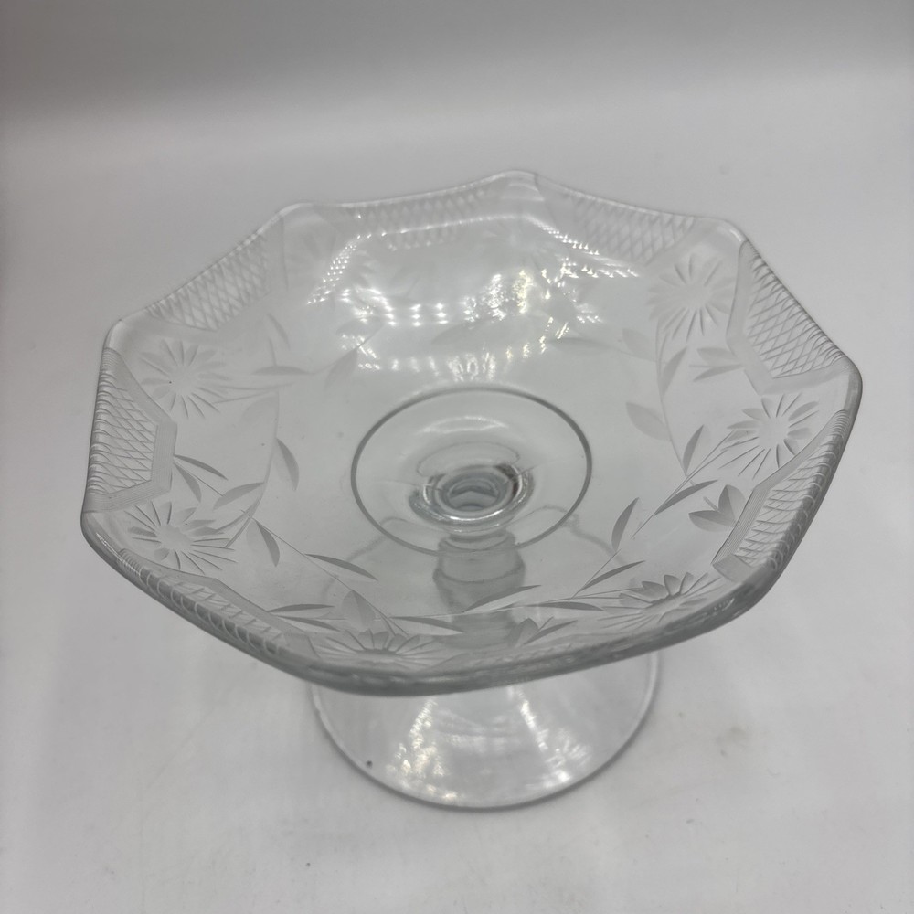 Clear Glass Etched Flower Pattern Footed Bowl Compote Candy Dish