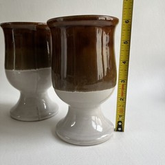 Vintage Stoneware Beer & Wine Goblets – Brown & Cream Footed Mugs