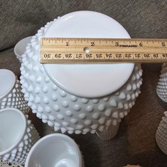 Hobnail Milk Glass Pitcher with 8 Tumblers White Ruffled Rim Water Set Juice