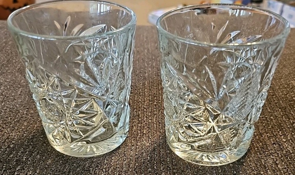 Vintage MCM Libbey Hobstar Heavy Whiskey Glass Low Ball Tumblers Set Of Two