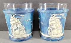 GENUINE INCOLAY STONE CLIPPER SAIL SHIP NAUTICAL ROCKS GLASSES SET 2 USA VINTAGE