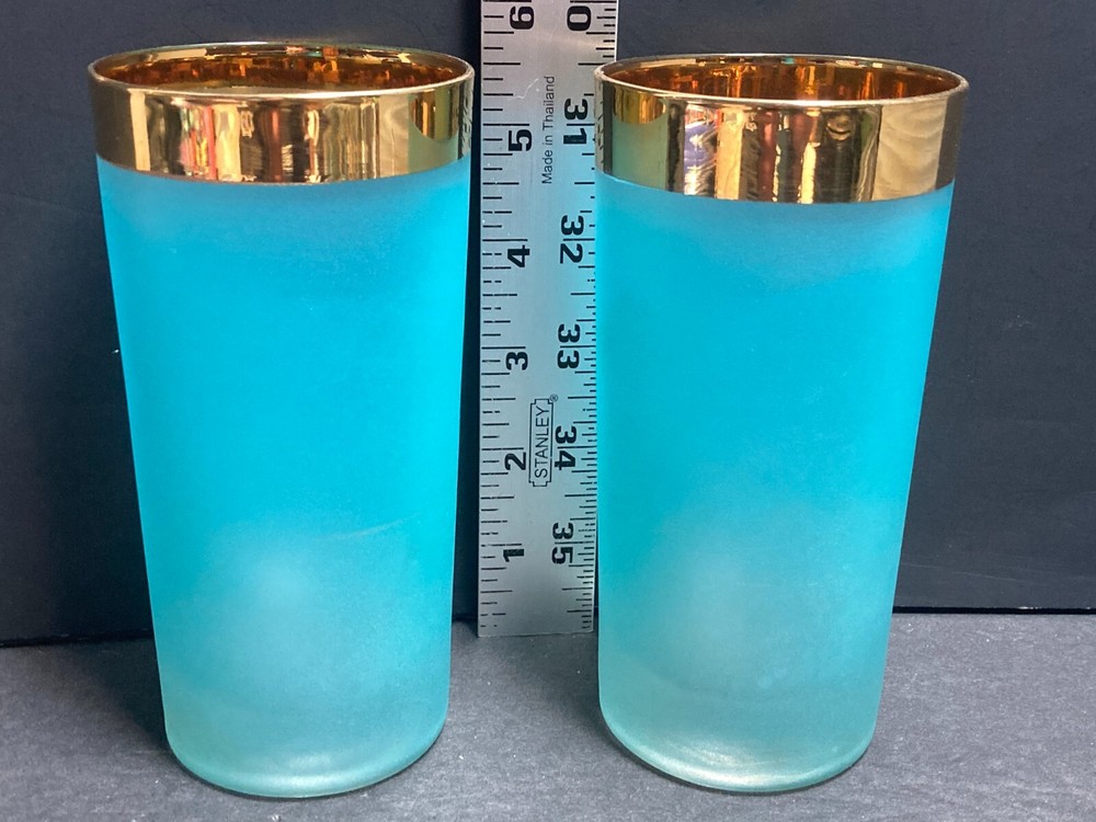2 Vintage Blue Frosted Glass Gold Rim Drinking Glasses MCM Highball Aqua
