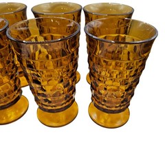 Vintage Indiana Whitehall Colony Cubist Amber Set Of 8 Glass Footed Tumblers MCM