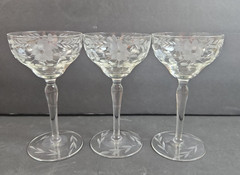 Vintage Champagne Tall Sherbet Glass Set of 3 Optic Gray Cut Flowers & Leaves