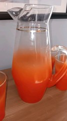 VTG Blendo Pitcher & 6 (12 Oz) Glasses Frosted Orange/Red w/ Gold Trim MCM EXC