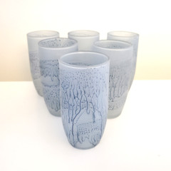 Set Of 6 Glasses Hebron Frosted Hand Blown Glass Hand Painted Blue Drips