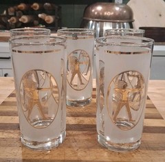 Vtg Libbey Glass Indian Warrior Set of 5 Tumblers Hi Ball Frosted Gold Trim