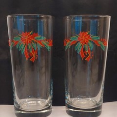 2 TIENSHAN FAIRFIELD POINSETTIA & RIBBONS GLASS TUMBLERS 6 1/4″H CHRISTMAS 16oz