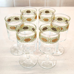 6pc Stemmed Glasses Avocado Green Gold Geometric Pattern Wine Stemware Culver?