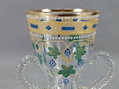 Bohemian Hand Enameled Grapes & Gold Beaded Glass Loving Cup Circa 1900