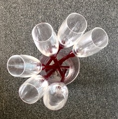 Bouquet of 6 Baseless Champagne Toasting Flutes + Clear Holding Vase /Red Stems