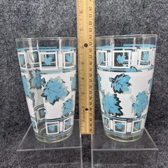 2 Hazel Atlas XL Blue & White 24oz Retro Falling Leaves Tumbler Glasses Shakers