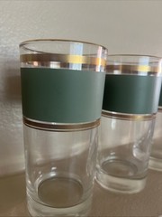 HiBall GlassMCM Set Of 4 TST Heritage Celadon Olive Green Gold Stripes Barware