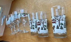 7 LIBBEY CURRIER IVES WINTER VILLAGE SNOW SCENE 3 Tall Tumblers & 4 Goblets