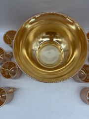 Vintage MCM Fire-King Ware Peach Luster Egg Nog 14 pc Set Bowl/Stand/12 Mugs