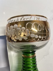 6-VTG Roemer German Wine Glasses Beehive Stem Green/Gold Gilded Etched Frankfurt