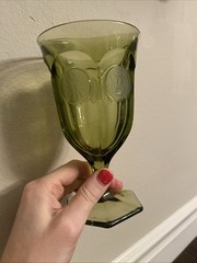 Vintage Fostoria Olive Green 1887 Coin Pattern #1372 Line Glass Goblet 6.5”